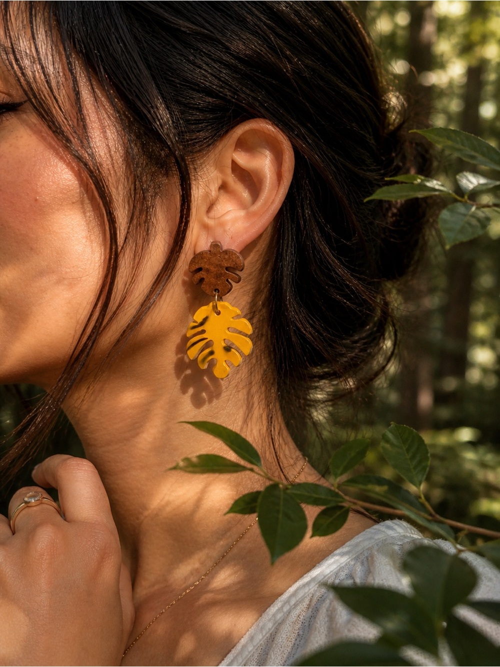 Monstera Leaf Dangle Earrings in Yellow and Brown - Women Other Earrings